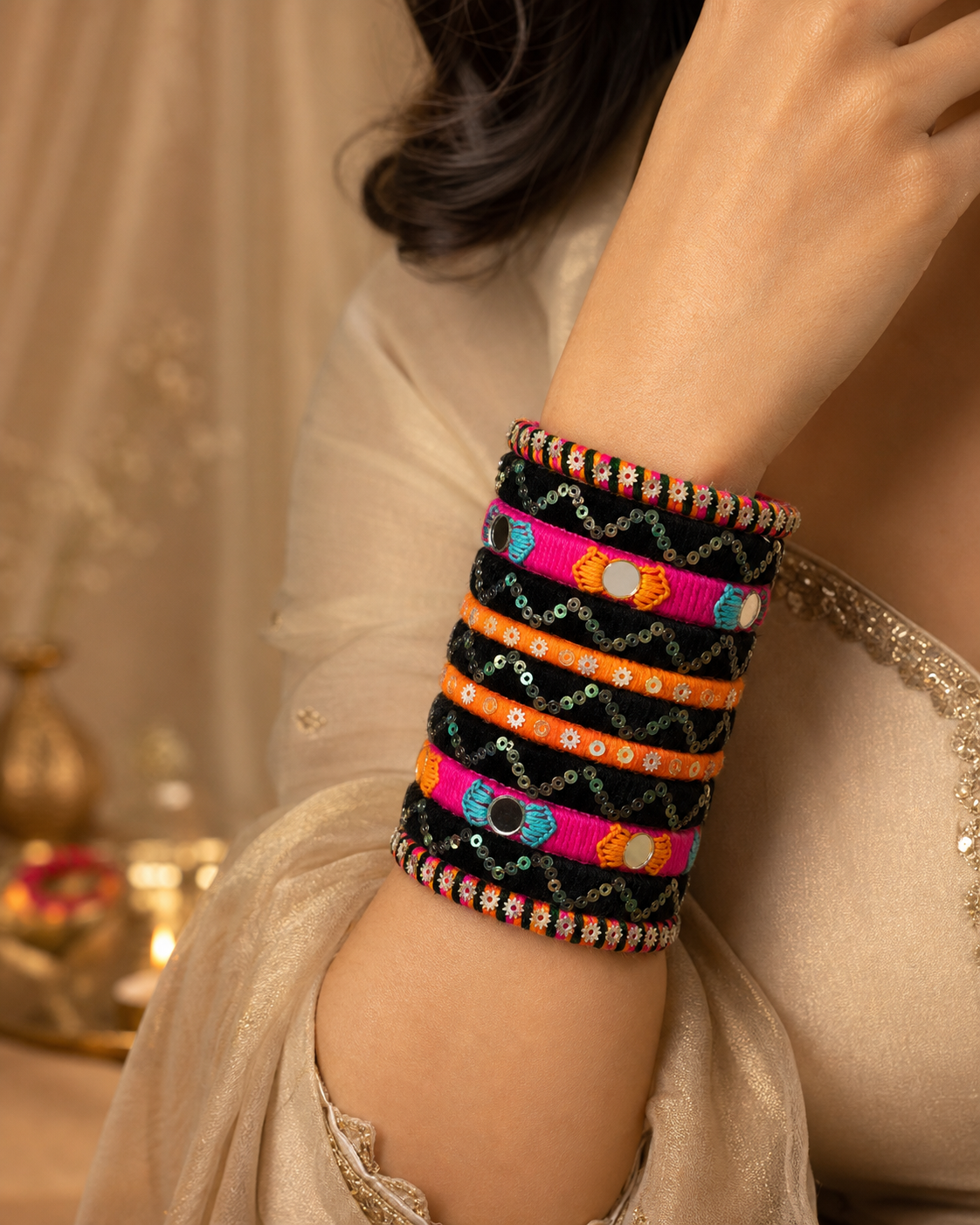 Model wearing multicolor handcrafted bangle stack