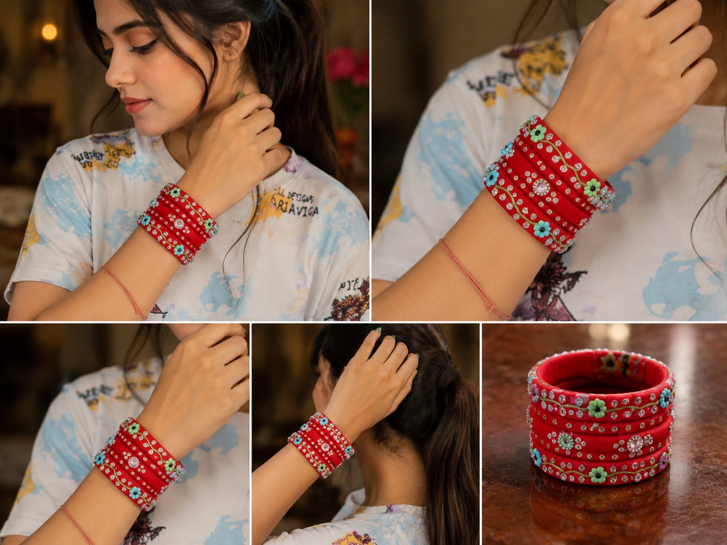 PSART handmade red floral cuff on model